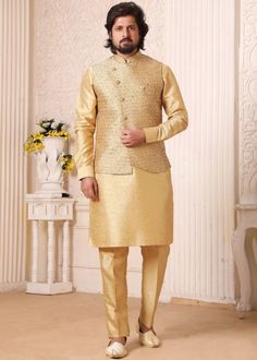 #golden #readymade #kurta #pajama #nehru #jacket #looking #handsome #new #arrivals #ethnic #outfit #ootd #mens #fashion #indian #attire #online #shopping Kurta Pajama With Jacket, Kurta Pyjama With Jacket, Mens Indian Wear, Vs Image, Utsav Fashion, Embroidered Art