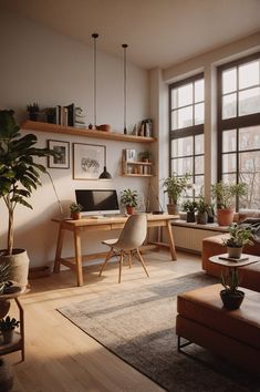 a living room filled with lots of furniture and plants on top of windowsills