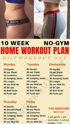 the 10 week no - gym home workout plan is shown in red and white, with an image of a woman's stomach