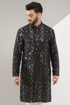 Black kurta with mirror work and heavy thread and foil embroidery in silk base. - Aza Fashions Traditional Straight Kurta With Sequins, Festival Sherwani With Sequins And Straight Kurta, Sequin Sherwani Straight Kurta For Festivals, Bandhgala With Mirror Work For Diwali, Traditional Festive Sequined Kurta, Diwali Bandhgala With Mirror Work Straight Kurta, Bollywood Style Festive Sherwani With Sequins, Festival Sequined Sherwani Straight Kurta, Festive Sherwani With Sequins For Festivals