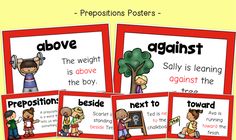 four posters with the words prepositions posters