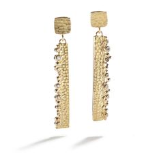 Long Carved Glacier Drop Earrings by Barbara Heinrich | barbara heinrich Diamond earrings Forged in Ice gold post/nut yellow gold Timeless Gold Diamond Earrings With Pave Setting, Formal Hammered Gold-tone Jewelry, Gold-tone Hammered Jewelry For Formal Occasions, Luxury Linear Drop Earrings With Single Cut Diamonds, Timeless Gold Earrings With Pave Setting, Modern Gold Earrings With Pave Setting, Formal Gold-tone Hammered Jewelry, Timeless Gold Linear Earrings For Anniversary, Luxury Linear Earrings With Diamond Accents For Anniversary