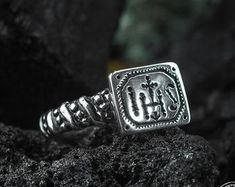 Christian Ring Men Christian Jewelry Jesus Christ Ring | Etsy Spiritual Silver Signet Ring For Wedding, Engraved White Gold Spiritual Signet Ring, Engraved White Gold Signet Ring With Spiritual Style, Spiritual Sterling Silver Signet Ring For Anniversary, Spiritual Sterling Silver Hallmarked Signet Ring, Sterling Silver Spiritual Engraved Ring, Spiritual Sterling Silver Rings With Engraving Option, Engraved Silver Signet Ring With Spiritual Style, Silver Engraved Spiritual Signet Ring