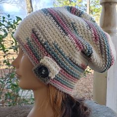 New Crochet By Me Slouchy Beanie With Button Creme~Blue~Pink Smoke Free Pet Friendly Home Price Is Firm Gip~H Llamas With Hats, Sunflower Hat, Yellow Beanie, African Hats, Handmade Hats, Handmade Beanies, Wool Hat Knit, Ehlers Danlos, Cotton Headband