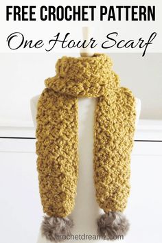 a crochet scarf with text overlay that says, free crochet pattern one hour scarf