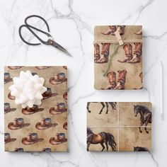 wrapping paper with horses and cowboy hats on it