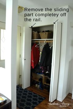 an open closet with clothes and other items on the shelves, labeled remove the sliding part completely off the rail