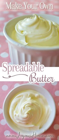 two bowls filled with spreadable butter on top of a pink table cloth