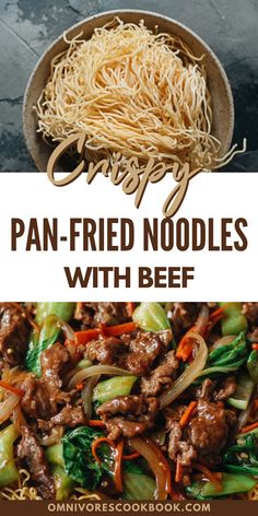 a pan filled with noodles, beef and vegetables