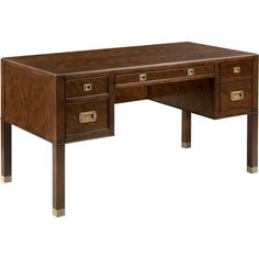 a wooden desk with two drawers on one side and gold handles on the other end