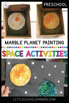 two pictures of the inside of a box with paper plates in it and text that reads marble planet painting space activities