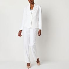 This white women's pant suit set by Le Suit is a timeless classic for your wardrobe. Made from a smooth stretch-crepe, this set features a sleek single-breasted blazer with a notch collar and a front slip pocket, plus a matching pair of straight-leg pants with a flat-front waist and zip closure. Wear the duo with a blouse and heels.# Pieces In Set: 21st Piece Description: Jacket1st Piece Collar: Notch Collar1st Piece Front Style: Single Breasted1st Piece Pockets: 1 Front Slip Pocket(s)1st Piece Classic White Suits For The Office, Classic White Pantsuit For Formal Occasions, Classic White Formal Pantsuit, Classic White Office Suits, Classic White Suits For Workwear, White Formal Pantsuit For Spring, White Spring Formal Pantsuit, Classic White Sets For Office, Classic White Office Sets