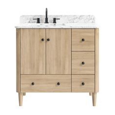 a bathroom vanity with marble top and two faucets on the sink, against a white background