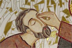 a painting of a man holding his head to his face with gold and red mosaics on it