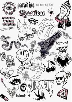 an assortment of tattoos and stickers on a white background with the words paradise, heartless