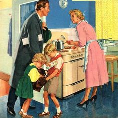 a man and two children are cooking in the kitchen with an older woman standing next to them