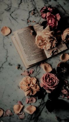 an open book sitting on top of a marble table next to dried flowers and petals