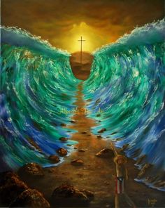 a painting of a person standing in front of an ocean wave with a cross on it