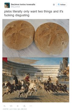 two pictures of bread and some people on horses