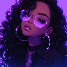 a woman with large hoop earrings and purple eyeshades is staring into the distance