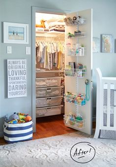 a baby's nursery closet with an open door