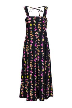 Make a stunning statement in this playful Banjanan midi dress! Crisp pleats add movement to the skirt, while the square neck and tie back detail elevate the look. Crafted from 100% cotton, this dress features a stunning floral print in pink and yellow. Perfect for brunch or vacation, style with a bright strappy heel for a fun and vibrant outfit. Size M 100% Cotton Unlined Concealed side zipper Midi length Side pockets Tie-back detail Smocked back Bust 33" Waist 40" Shoulder to hem 50" Sundress Sleeveless Midi Dress With Tie Back, Spring Midi Dress With Spaghetti Straps And Lining, Lined Midi Dress With Spaghetti Straps For Spring, Lined Spaghetti Straps Midi Dress For Spring, Square Neck Maxi Dress For Date Night In Spring, Spring Square Neck Maxi Dress For Date Night, Spring Maxi Dress For Date Night With Square Neck, Fitted Bodice Sleeveless Midi Dress With Tie Straps, Lined Sleeveless Midi Sundress