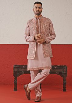 Lilac Embroidered Kurta Set With Jacket Kalpraag - Fabilicious Fashion Pink Saree Matching Suit For Men, Silk Nehru Jacket For Eid Reception, Silk Nehru Jacket For Reception During Eid, Festive Silk Nehru Jacket For Reception, Traditional Silk Nehru Jacket For Reception, Embroidered Nehru Jacket For Reception, Straight Shape, Floral Embroidered Nehru Jacket For Reception And Festivals, Nehru Jacket With Floral Embroidery For Reception And Festivals, Embroidered Nehru Jacket For Reception