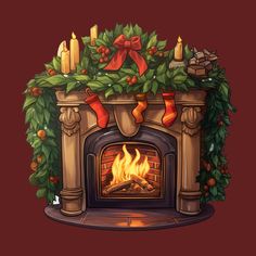 a christmas fireplace with stockings and candles