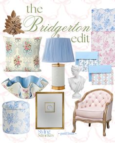 a collage of blue, pink and white items with the words the bridgerton edit