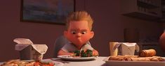 an animated character sitting at a table with food in front of him and two other people