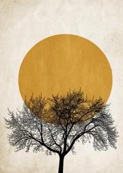 a tree with no leaves in front of an orange sun on a beige paper background