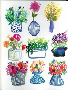 a drawing of flowers in vases on a white background