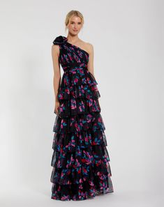 One Shoulder Printed Chiffon Tiered Ruffle Gown Silk Chiffon Ruffled Dress For Gala, Fitted Multicolor Silk Chiffon Dress, Multicolor Fitted Silk Chiffon Dress, Silk Ruffled Tiered Skirt Dress, Silk Tiered Skirt Dress With Ruffles, Silk Ruffled Tiered Dress, Silk Dress With Ruffles And Tiered Skirt, Multicolor Ruffled Dresses For Evening, Mac Duggal Dress