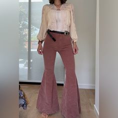 Although I Have Removed The Tag, I Have Never Worn These Gorgeous Blush Corduroy Flare Pants. It Is Easy To Build A Bohemian, Beautiful, Flattering Look With These Pants. I'm Selling Them Because I Finally Accepted That My Closet Is Too Full, So I Decided That Some Items Should Be Loved By Worn By Someone And Not Stuck In My Closet. The Belt Is Not Included. Fitted Vintage Wide Leg Pants For Fall, Brown Fitted Bohemian Bottoms, Fitted Brown Bohemian Bottoms, Fitted Bohemian Brown Bottoms, Fitted Bohemian Brown Pants, Fitted Beige Bottoms For Fall, Fitted Vintage Beige Bottoms, Beige Fitted Wide Leg Pants For Fall, Vintage High-waisted Pants