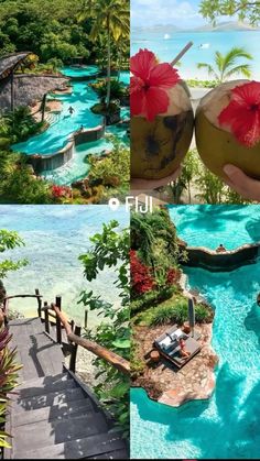 four different pictures with people on the water and in the air, one is holding a coconut drink