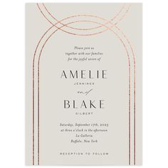 an elegant wedding card with gold foil on the edges and a white background that reads,