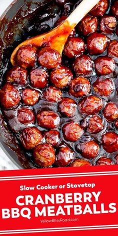 cranberry bbq meatballs in a skillet with the title slow cooker or stovetop