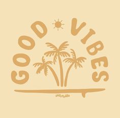 the logo for good vibes surfboards with palm trees in the background and sun above it