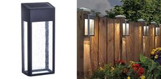 two different types of outdoor lighting on the same wall and in front of a wooden fence