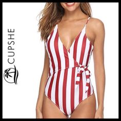 Nwt Cupshe Striped One-Piece Swimsuit Sz L Tie-A-Knot At Waist Cross Straps At Back Removable Pads Adjustable Straps Slimming Silhouette Lined Rust/White Hygienic Liner In Place One-piece Tie Waist Swimwear For Beach, One-piece Swimwear With Tie Waist For Beachwear, White Summer Swimwear With Tie Waist, One-piece Tie Waist Swimwear For Beach Season, White Swimwear With Tie Waist For Beach Season, One-piece Swimwear With Tie Waist For Beach Season, White Tie Waist Swimwear For Beach Season, White Tie Waist Summer Swimwear, Summer Swimwear With Tie Waist For Sunbathing