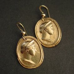 Hera Goddess Earrings - Juno - Intaglio - Antique Cameo Jewelry - Victorian Earrings Gold Hand Cast Dangle Earrings, Hand-cast Brass Dangle Earrings, Elegant Hand Cast Drop Earrings, Elegant Hand Cast Brass Earrings, Artisan Hand Cast Earrings As Gift, Engraved Medallion Earrings For Gift, Yellow Gold Medallion Brass Earrings, Brass Medallion Earrings For Pierced Ears, Artisan Gold Oval Earrings