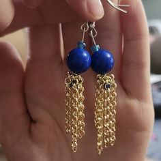 Blue Dangle Earring Made By 12 Yr Old Daughter Blue Metal Beaded Earrings For Gift, Blue Metal Beaded Drop Earrings, Blue Round Beaded Metal Earrings, Blue Metal Beaded Earrings For Pierced Ears, Blue Metal Beaded Earrings For Party, Blue Metal Earrings With Dangling Beads, Blue Drop Clip-on Earrings For Gift, Blue Metal Beaded Dangle Earrings, Blue Tassel Drop Earrings