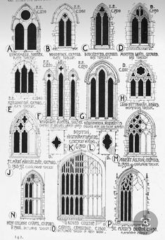 an old architectural drawing shows the various types of gothic windows and archs in different styles