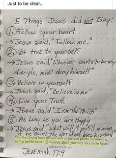 a note written on a piece of paper that says, just to be clear 5 things jesus did not say