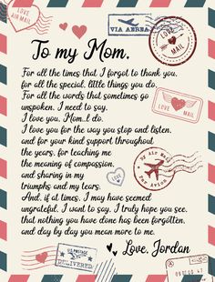 a love letter to my mom with stamps on it