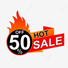 a hot sale sign with the words 50 % off and fire coming out of it