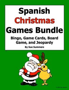 the spanish christmas games bundle is shown with santa claus and reindeers on green background