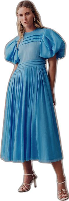 Blue Fitted Midi Dress, Summer A-line Midi Dress With Pleated Skirt, Pleated Full Skirt Midi Dress For Work, Pleated A-line Midi Dress For Daywear, Knee-length Ruched Dress With Voluminous Skirt, Formal Pleated Full Skirt Midi Dress, Formal Pleated Midi Dress With Full Skirt, Chic Pleated Full Skirt Midi Dress, Pleated Midi Dress With Voluminous Skirt