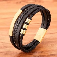 Black Leather Stainless Steel Easy Hook Clasp Men's Leather Bracelet, Mens Watches Leather, Tungsten Mens Rings, Watches Women Leather, Bracelet Watches Women, Genuine Leather Bracelet, Black Leather Bracelet, Mens Braids, Classic Bracelets