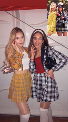 two young women dressed in plaid outfits posing for the camera, one holding a cell phone to her ear